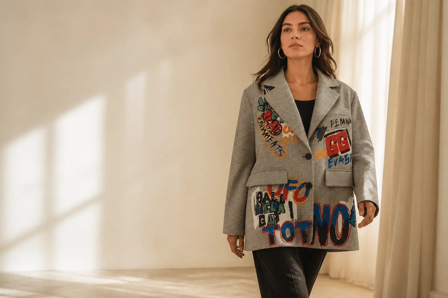 Model wearing Vanilla Hudson's graffiti blazer